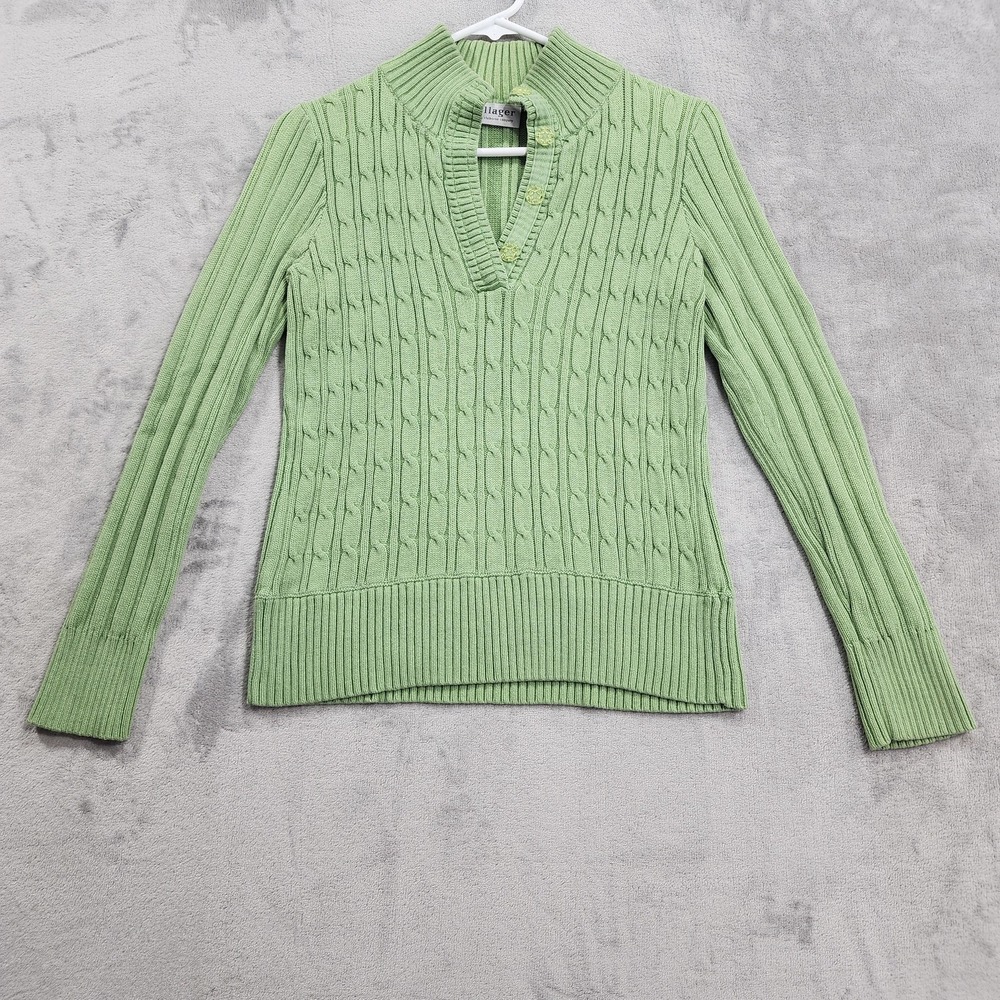 Vintage Villager Liz Claiborne Sweater Womens S Green Cable Knit Henley Snap
